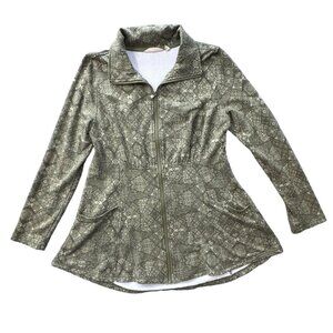Soft Surroundings Women Olive Green Patterned Zip-Up Long Sleeve Top/Jacket Sz S